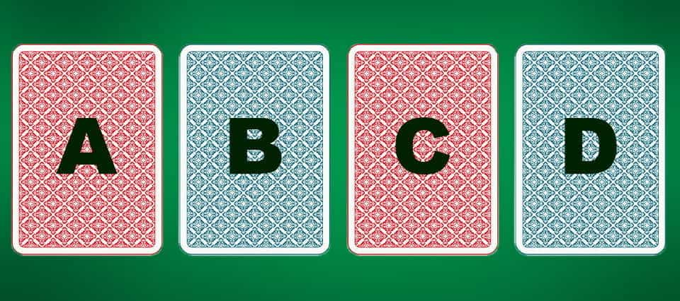 Four playing cards, labeled A, B, C and D.