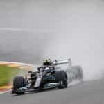 Mercedes F1 car on a wet Spa circuit.