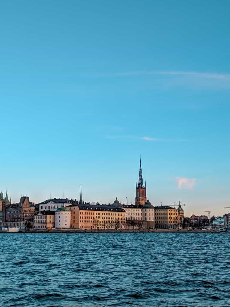 The buildings at the coastal area of Stockholm on a clear day. 